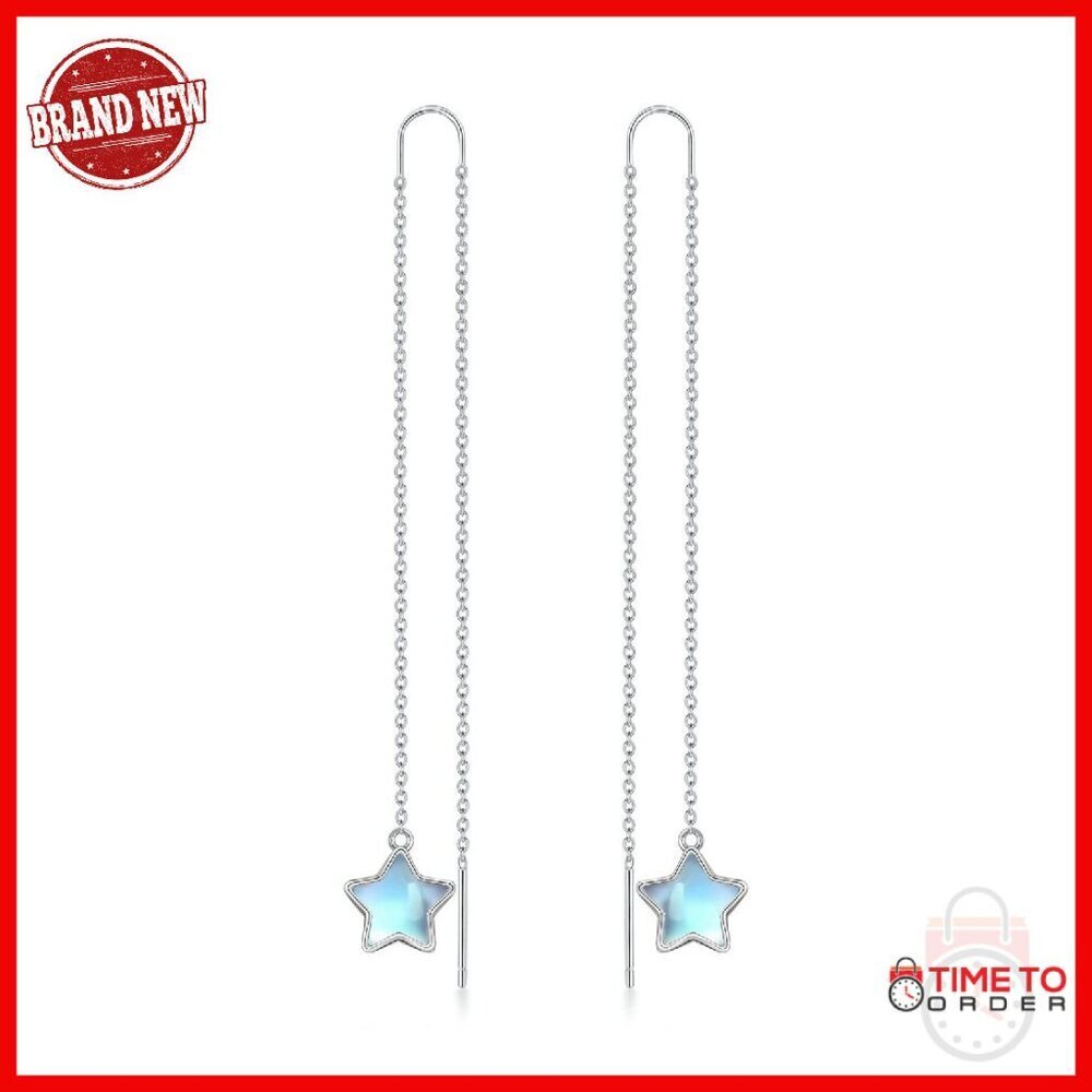 925 Sterling Silver Moonstone Threader Drop Earrings Long Chain Dangle